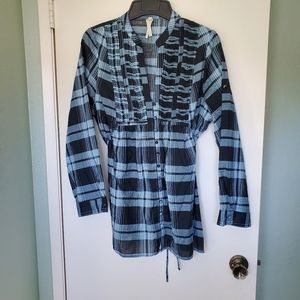 Missphit  1X Covertable Sleeve Top Blue & Black Plaid V-neck Covered Buttons